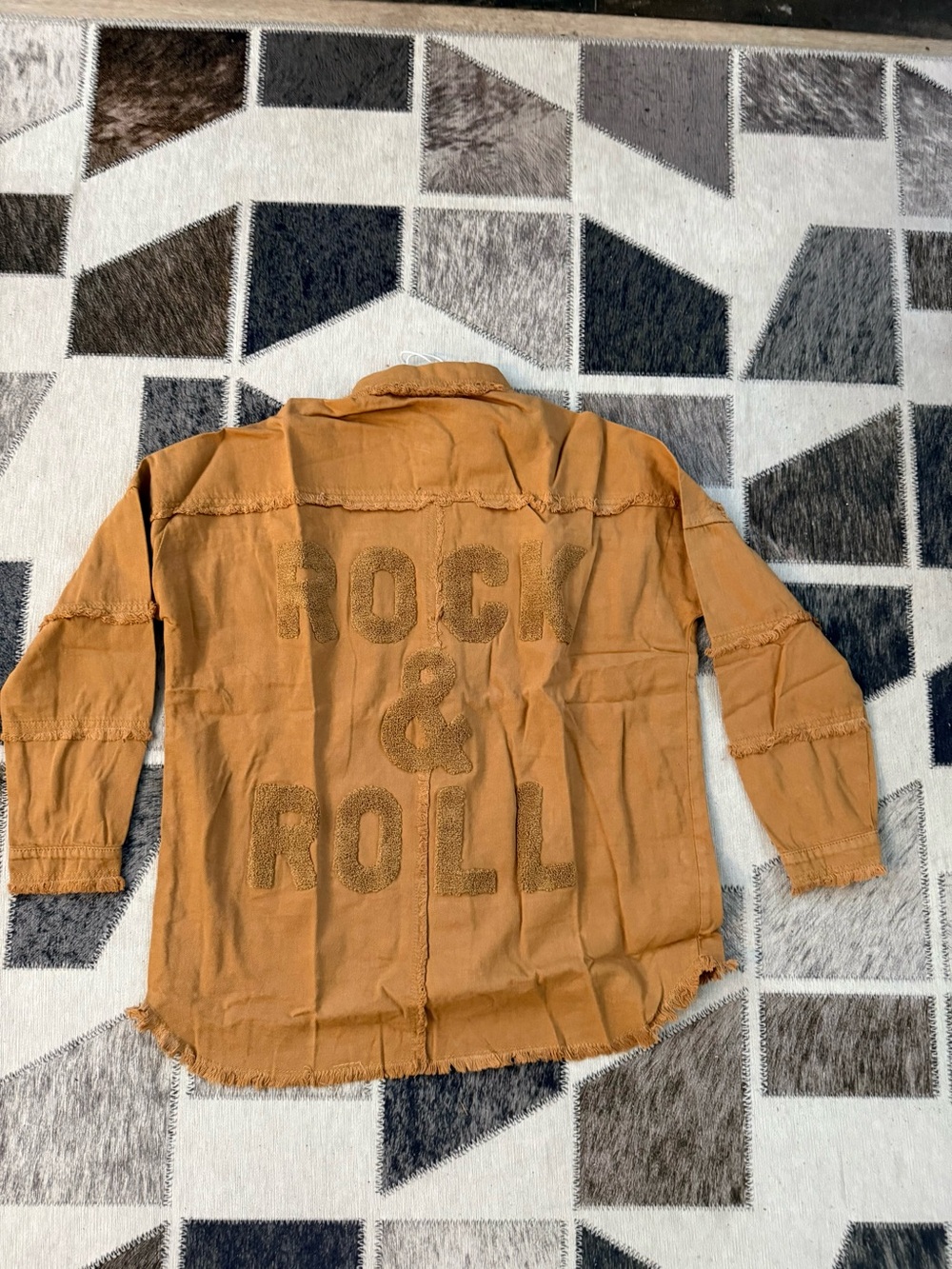 Elan oversized xs fits s/m Rust "Rock & Roll" Distressed Shacket have more sizes